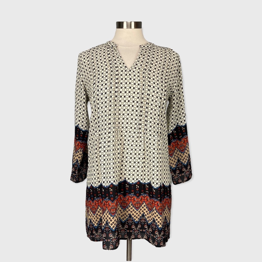 Collective Concepts Womens Raya Geometric Print Shift Dress Black Cream size XS